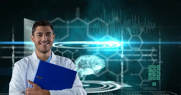 Composition on male doctor over screen with digital human brain and medical data processing. global medicine, science, research and technology digital interface concept digitally generated image.