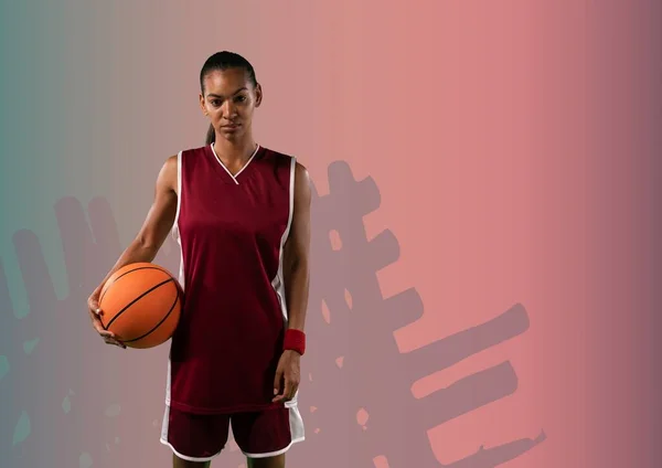 Composition Portrait Female Basketball Player Ball Copy Space Pink Background — Stock fotografie
