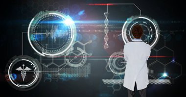 Composition of male doctor using virtual screen with medical icons. global medicine and digital interface concept digitally generated image.