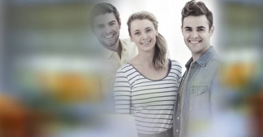 Composition of happy diverse business team in meeting room with double exposure. global business and success concept digitally generated image.