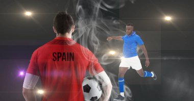 Smoke effect over two male soccer players against spot of lights on grey background. sports tournament and competition concept