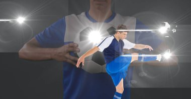 Spot of light against male soccer player kicking the ball and female soccer player holding a ball. sports tournament and competition concept
