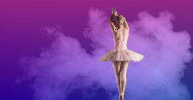 Composition of female ballet dancer in pink tutu with copy space on cloud over purple background. ballet, dance and fitness concept digitally generated image.