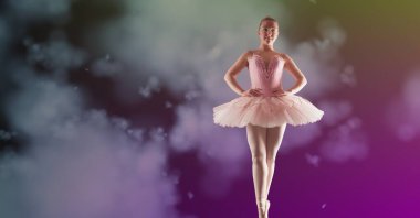 Composition of female ballet dancer in pink tutu with copy space on cloud over purple background. ballet, dance and fitness concept digitally generated image.
