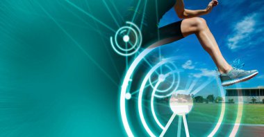 Composition of male athlete hurdle jumping with copy space, network of connections and sport stadium. sports and competition concept digitally generated image.