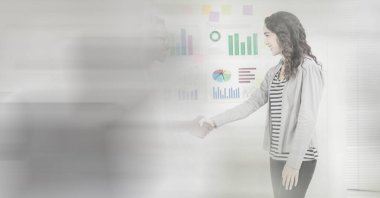 Composition of two happy diverse businesspeople shaking hands with motion blur. global business, partnership and success concept digitally generated image.