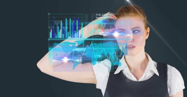 Composition of caucasian businesswoman touching screen with data processing. global business, technology and digital interface concept digitally generated image.