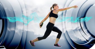 Composition of female athlete throwing discus against blue trails and circles. sport, fitness and active lifestyle concept digitally generated image.