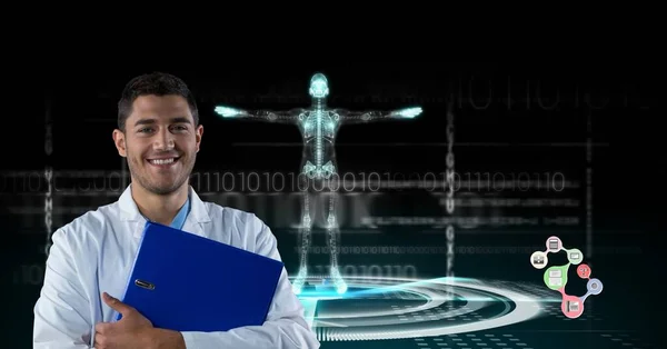 Composition on male doctor over screen with digital human body and medical data processing. global medicine, science, research and technology digital interface concept digitally generated image.