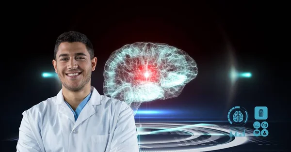 Composition on male doctor over screen with digital human brain and medical data processing. global medicine, science, research and technology digital interface concept digitally generated image.