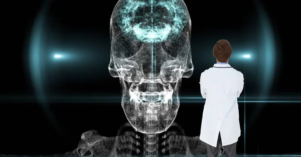Composition of male doctor using virtual screen with skull model. global medicine and digital interface concept digitally generated image.