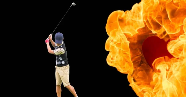 Composition of male golf player over flames on black background. sport and competition concept digitally generated image.