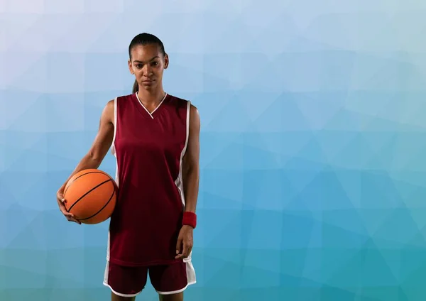 Composition Portrait Female Basketball Player Ball Copy Space Blue Background — Stock fotografie