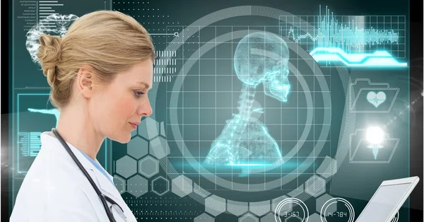 Composition of female doctor over screen with medical data processing. global medicine, science, technology and research concept digitally generated image.