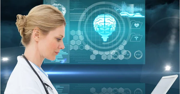 Composition of female doctor over screen human brain and medical data processing. global medicine, science, technology and research concept digitally generated image.