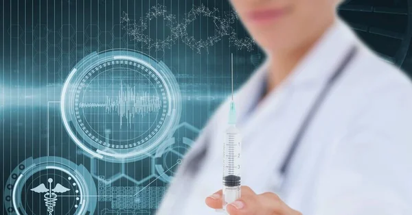 Composition of female doctor holding syringe with dna strand and medical data processing. global medicine, health and technology digital interface concept digitally generated image.