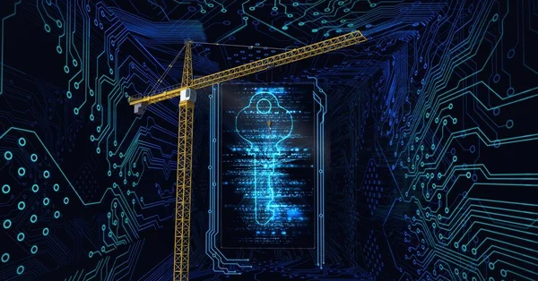 Composition of crane over security key and computer circuit board. global online identity, data processing, technology and digital interface concept digitally generated image
