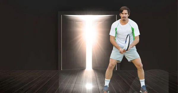 ドアを通して輝く光とテニスラケットを保持する男性テニスプレーヤーの構成 スポーツフィットネス活動的なライフスタイルのコンセプトをデジタルで生成し — ストック写真