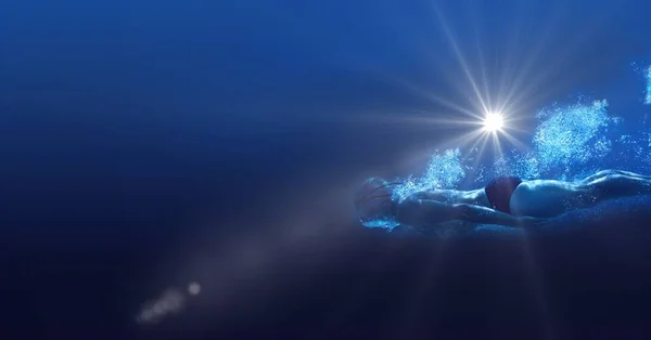 Склад Чоловічого Плавця Плаває Під Водою Копіювальним Простором Сяючим Світлом — стокове фото