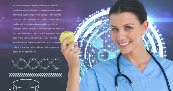 Composition of smiling female doctor holding apple over dna strand and medical data processing. global medicine, health and technology digital interface concept digitally generated image.