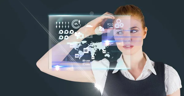 Composition Caucasian Businesswoman Touching Screen Data Processing Global Business Technology — Foto de Stock