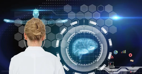 Composition on female doctor over screen with digital human brain and medical data processing. global medicine, science, research and technology digital interface concept digitally generated image.