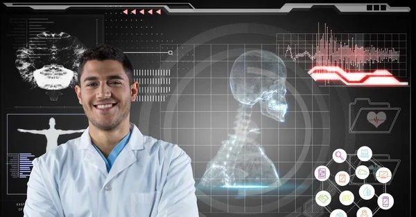 Composition on male doctor over screen with digital human skeleton and medical data processing. global medicine, science, research and technology digital interface concept digitally generated image.