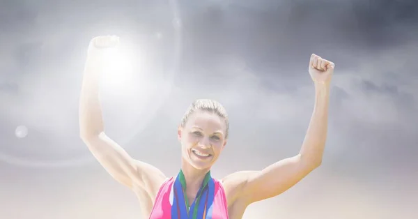 Composition Smiling Caucasian Female Athlete Arms Air Celebrating Victory Sport — ストック写真