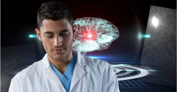 Composition of male doctor over screen with human brain and medical data processing. global medicine, science, technology and research concept digitally generated image.