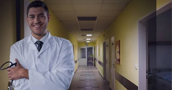 Smiling doctor with hospital hallway in the background, healthcare and medical professional concepts. digitally generated image