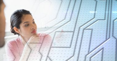 Composition of diverse business team in meeting over interface with shapes. global business communication and digital interface concept digitally generated image.