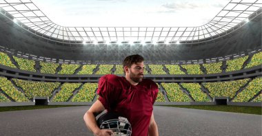 Composition of male american football player holding his helmet over sports stadium. sport and competition concept digitally generated image.
