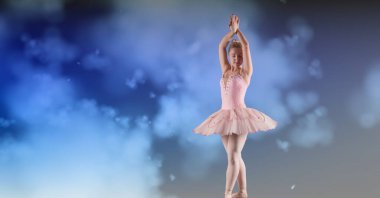 Composition of female ballet dancer in pink tutu with copy space on blue background. ballet, dance and fitness concept digitally generated image.