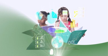 Data processing over two diverse school girls studying against green technology background. computer interface and education technology concept