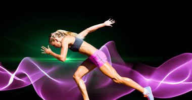 Composition of female athlete running with copy space and pink light trails. sports and competition concept digitally generated image.