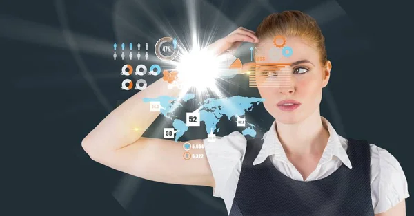 Composition Caucasian Businesswoman Touching Screen Data Processing Global Business Technology — Foto de Stock