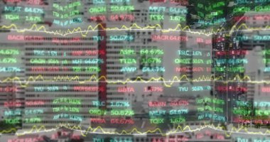 Şehir manzarası üzerinde finansal veri işleme resmi. küresel finansman, iş ve veri işleme kavramı dijital olarak oluşturulmuş görüntü.