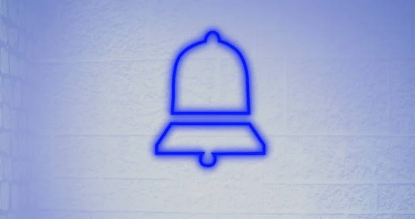 Composition of blue bell neon icon over purple background. Global social media, connections and digital interface concept digitally generated image.