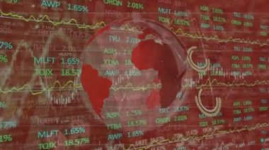 Animation of financial data processing and globe over dices and banknotes. Global business, finances and digital interface concept digitally generated video.