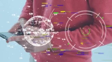 Animation of interference with globe and scope scanning over caucasian man using smartphone. Global technology, computing and digital interface concept digitally generated video.