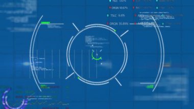Animation of financial data processing and scope scanning on blue background. Global business, finances and digital interface concept digitally generated video.