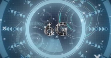 Animation of 6g text over round scanner spinning and microprocessor connections. Global networking and business technology concept