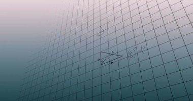 Animation of mathematical equations over grid network against gradient grey background. School and education concept