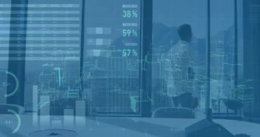 Animation of data processing and 3d city model against rear view of man looking out of office window. Architectural engineering and business data technology concept