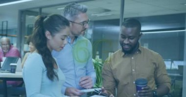 Animation of 6g text over diverse business people working at office. Global business, finances and digital interface concept digitally generated video.