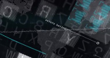 Animation of data processing over world map against black background. Global networking and business technology concept