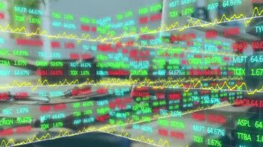 Animation of financial data processing over carpenter using hammer. Global business, finances and digital interface concept digitally generated video.