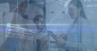 Animation of data processing and blur light trails over three diverse women discussing at office. Computer interface and business data technology concept