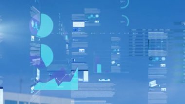 Animation of financial data processing over blue sky. Global business, finances and digital interface concept digitally generated video.