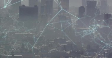 Animation of network of connections data processing over cityscape. Global business, finances, computing and data processing concept digitally generated video.